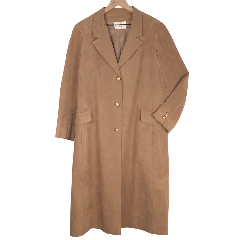VTG ABE SCHRADER Faux Suede Long Coat Sz M/L Camel Tan Gold Buttons Pockets USA